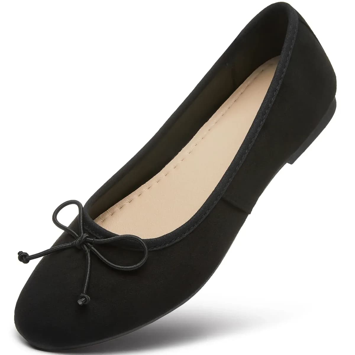 soft microsuede ballet flat in black with tie bow and round toe
