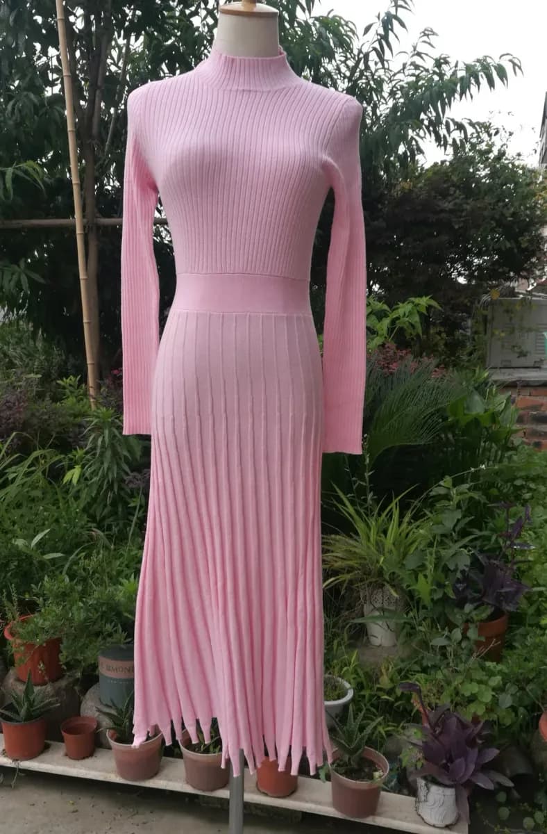 pink pleated rib knit maxi sweater dress with long sleeves