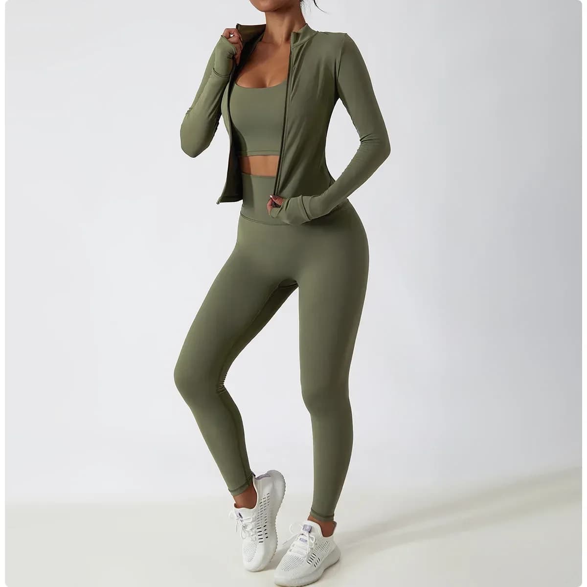 olive green 3 piece activewear set with zip jacket, sports bra and leggings