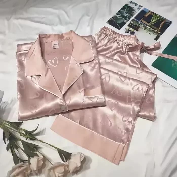 pink satin pajama set with tone on tone heart jacquard