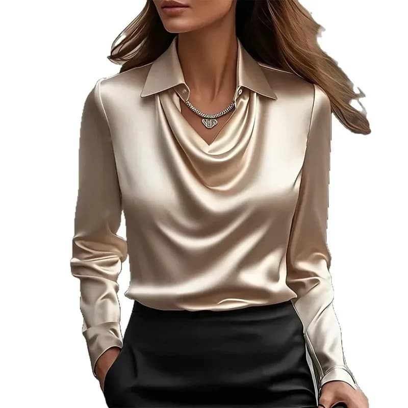 woman wearing a champagne satin cowl neck blouse with collar and a black skirt