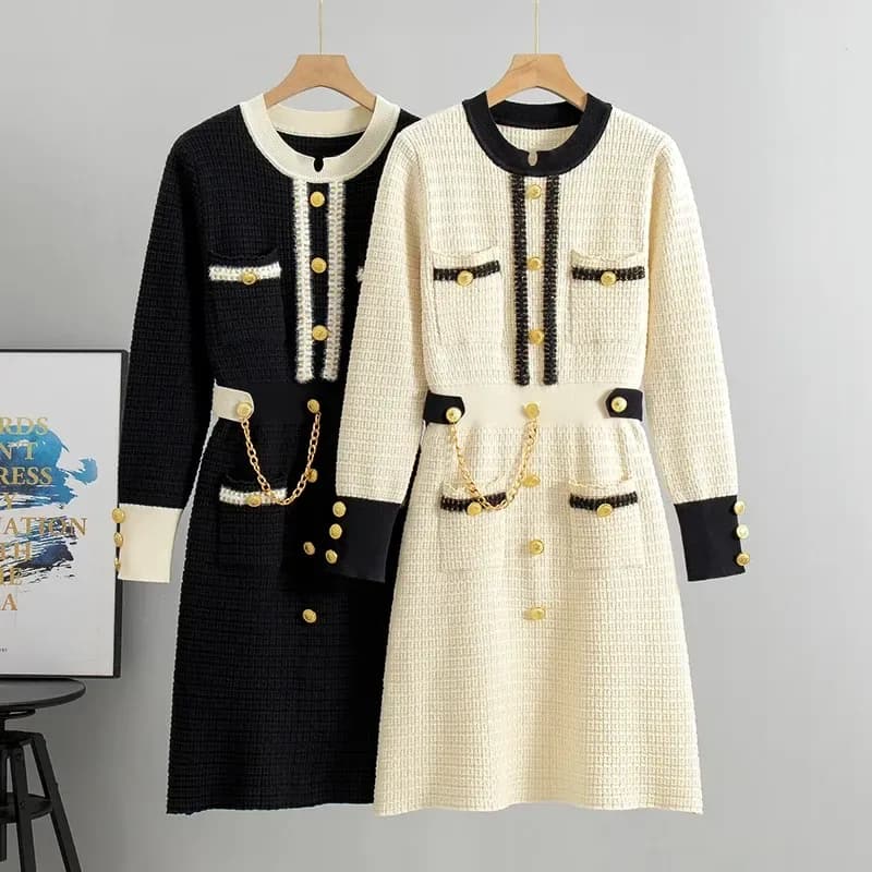 textured knit midi dress with gold buttons and chain detail in black and beige