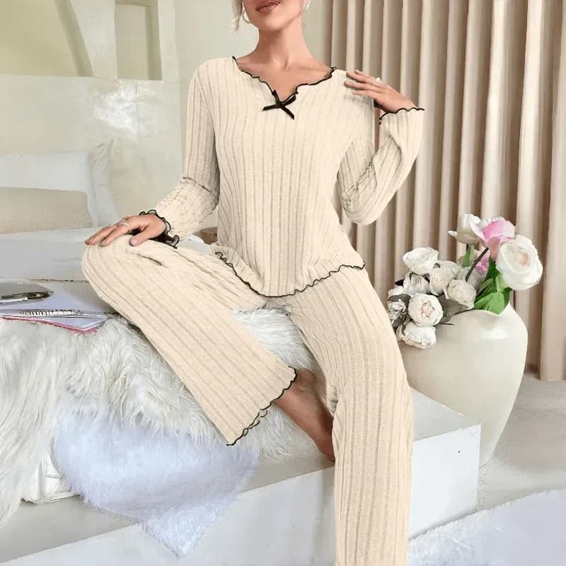 apricot ribbed loungewear set with bow neckline and lettuce trim