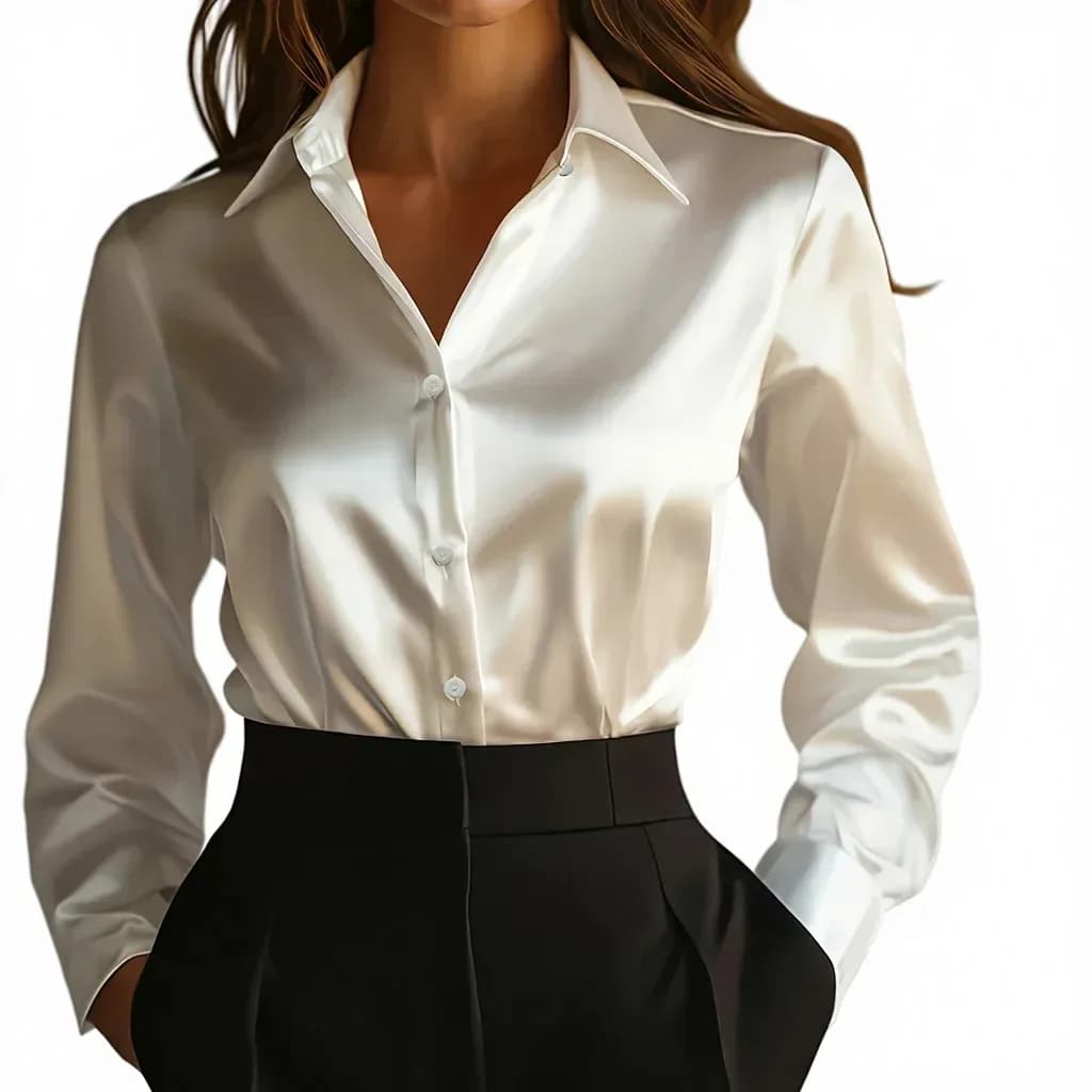 women's silky button-down office shirt in white tucked into black trousers