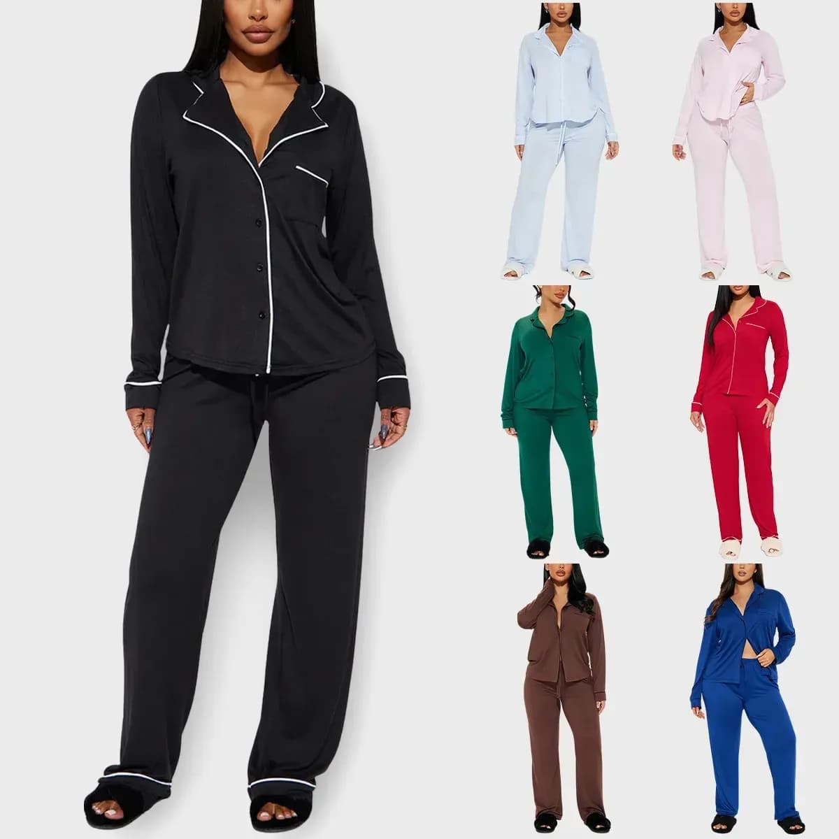soft knit button up pajama set in black with the other six colors