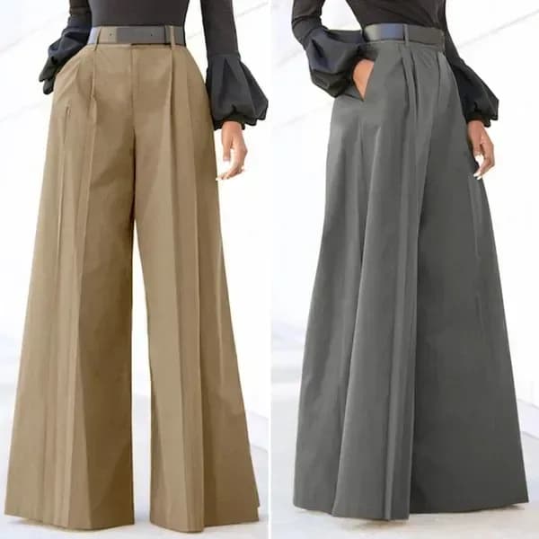 high waisted pleated wide leg pants in khaki and grey worn with a black blouse