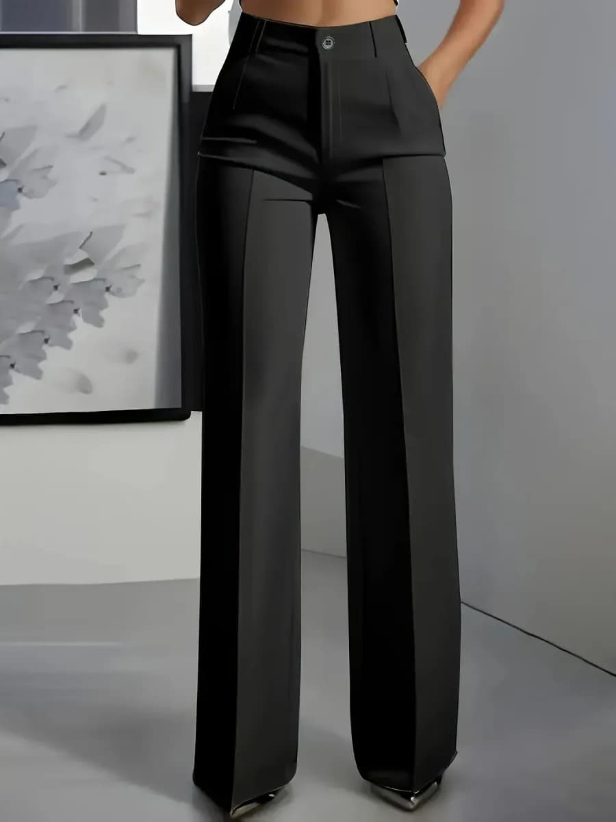 black high waisted wide leg trousers with a pressed front seam