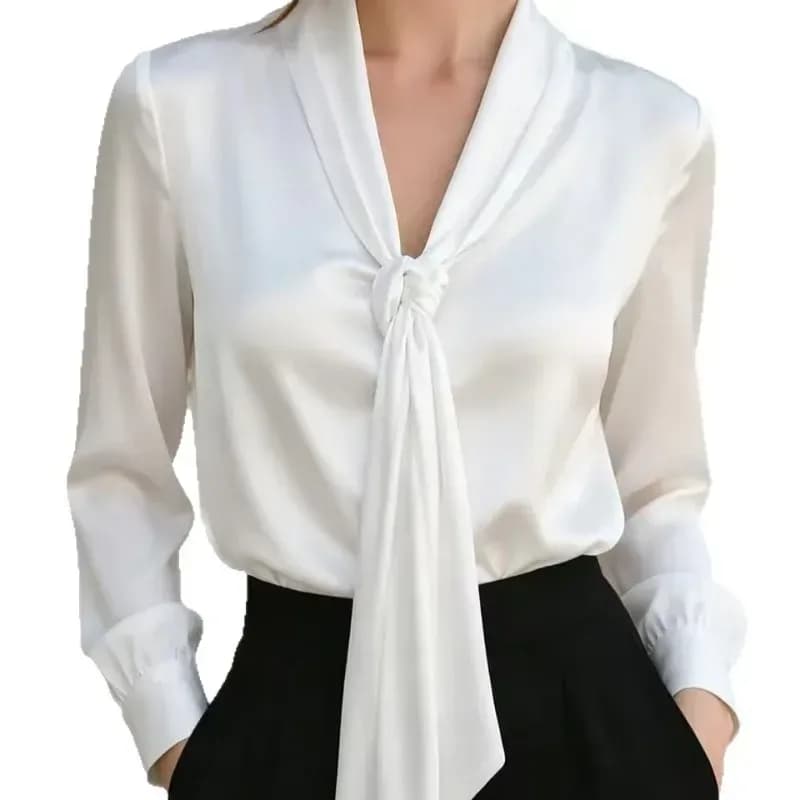 white satin V neck scarf tie blouse with long sleeves and black trousers