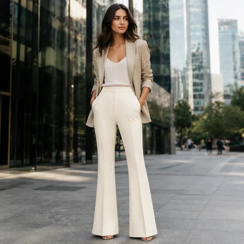 woman wearing cream high waisted flare pants with a beige blazer in the city