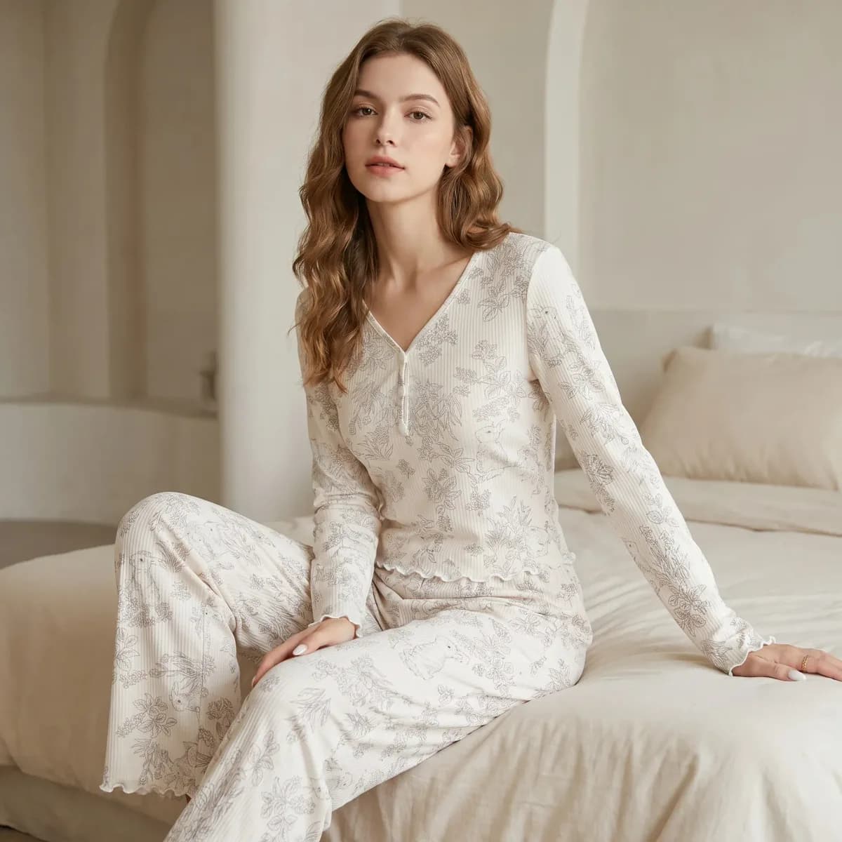 ribbed floral print pajama set with long sleeve henley top and pants
