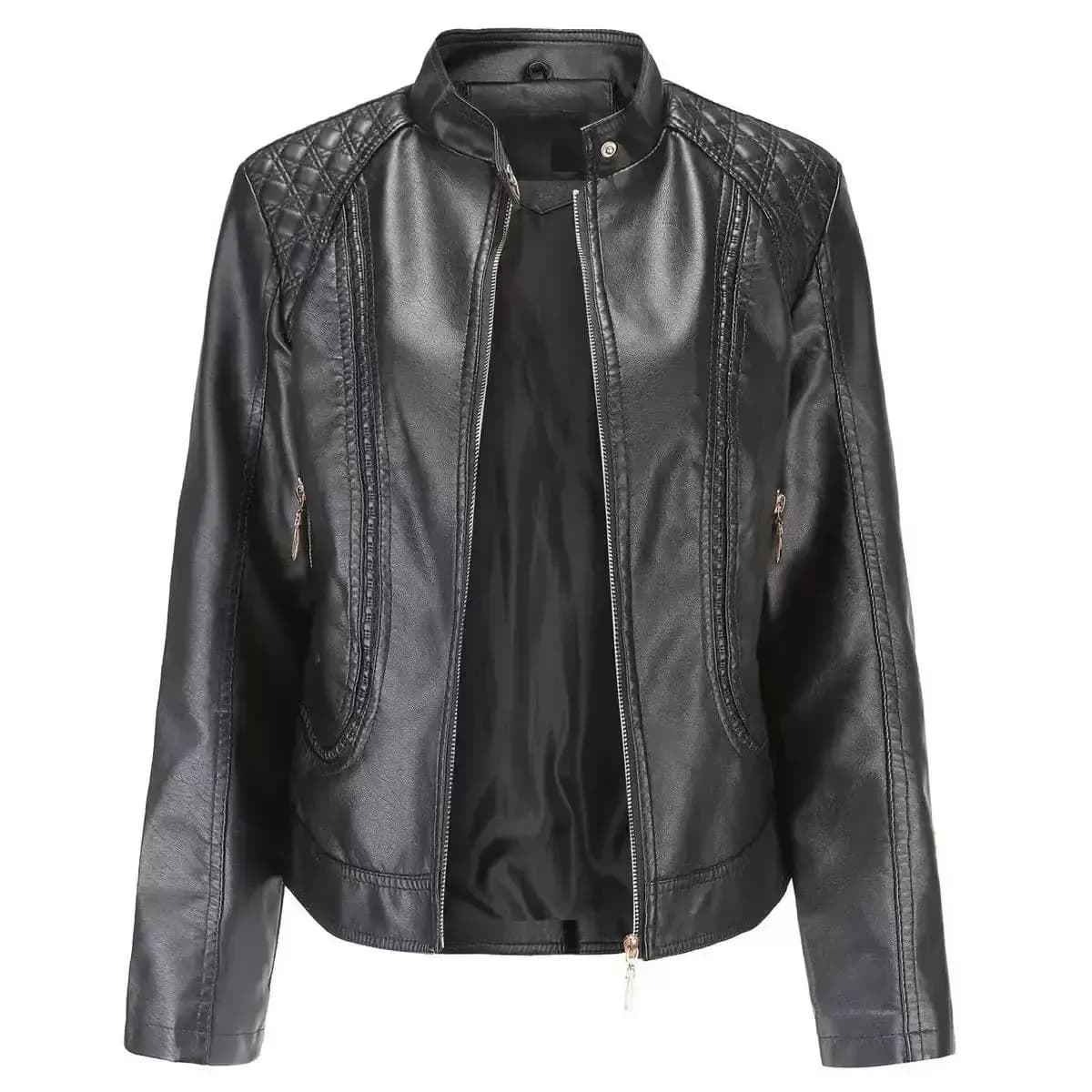 black women's faux leather jacket with stand collar