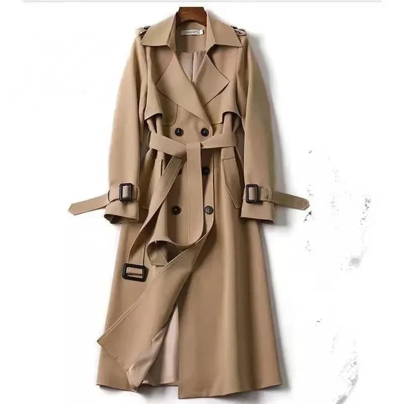 khaki long belted trench coat, double breasted with buckled cuffs