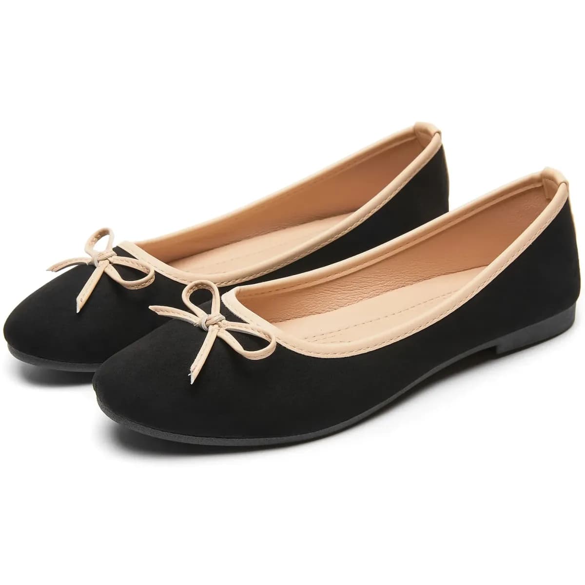 women's bow ballet flats in black suede finish with cream piping