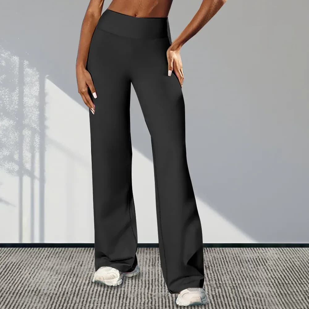 women's high waist stretch flare work pants in black, front view