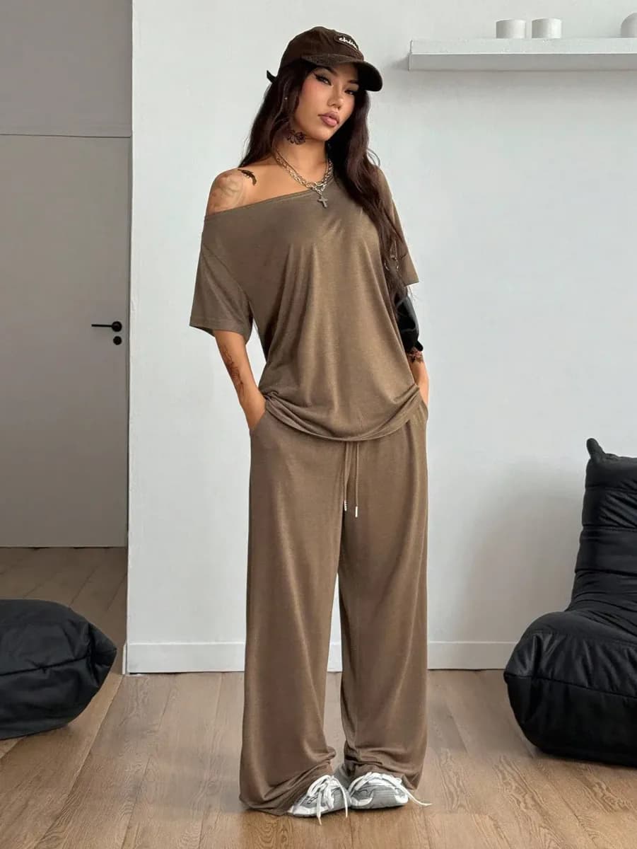 dark coffee off shoulder tee and wide leg pants lounge set