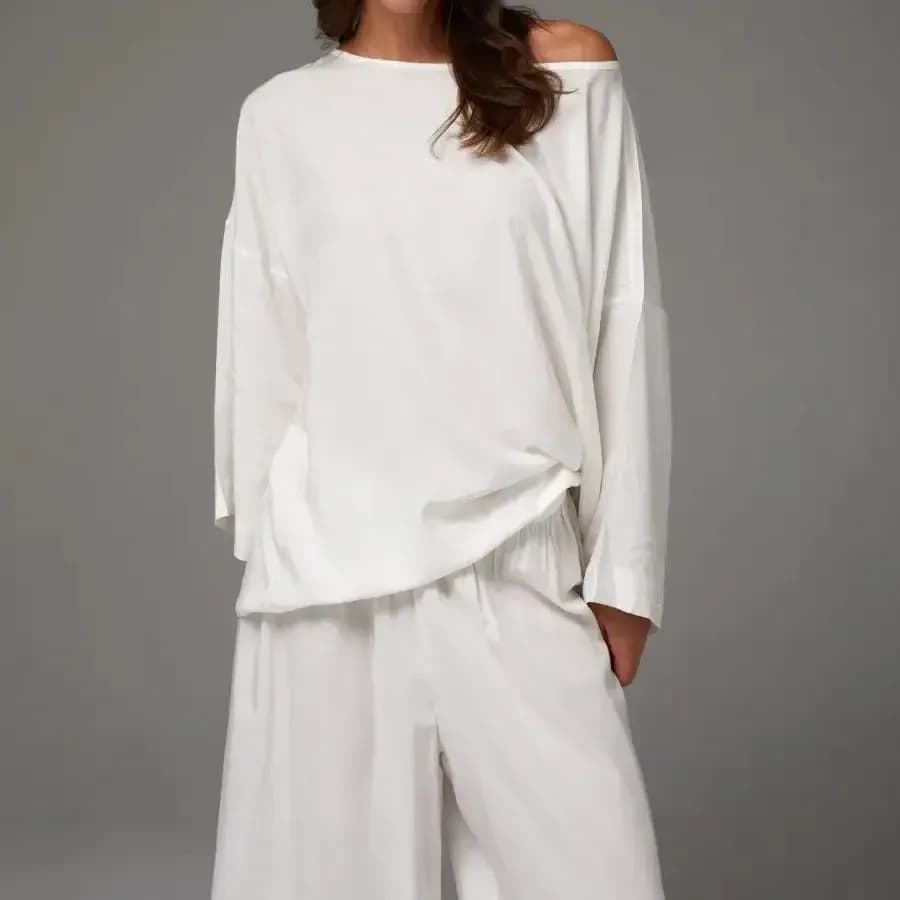 white oversized top and wide leg pants lounge set