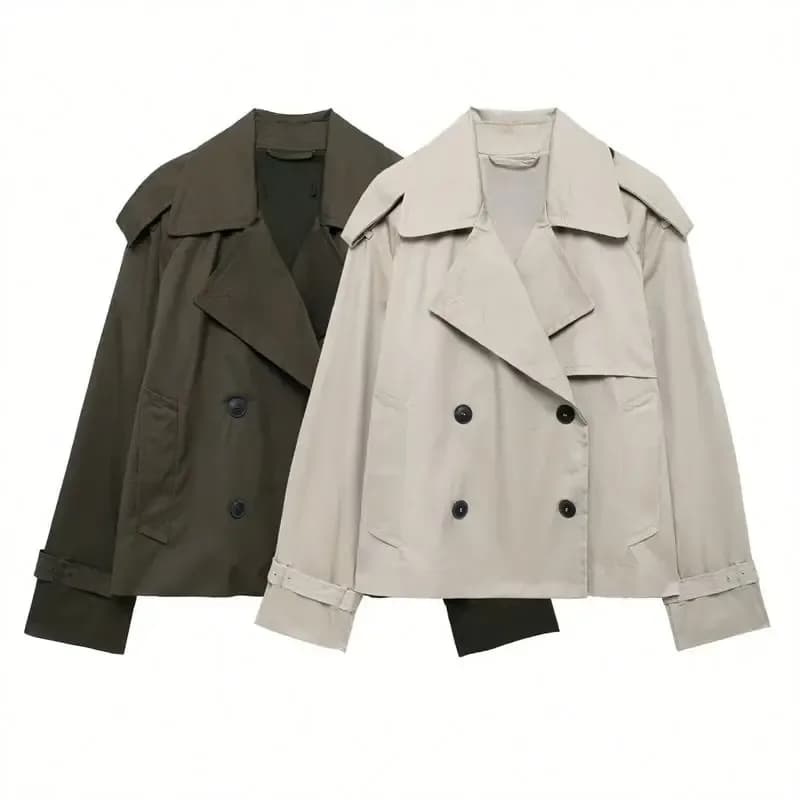 cropped trench jacket in khaki and army green side by side