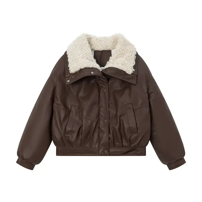 coffee women's faux leather jacket with curly faux fur collar