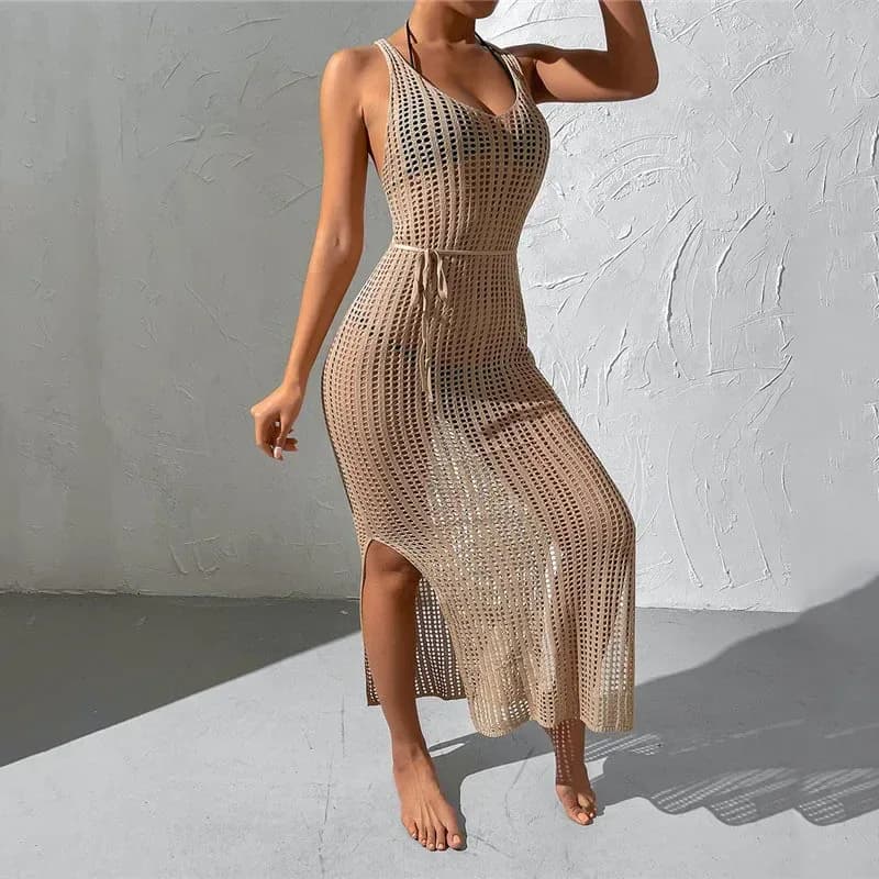 woman in a camel open knit beach cover-up maxi dress with tie waist