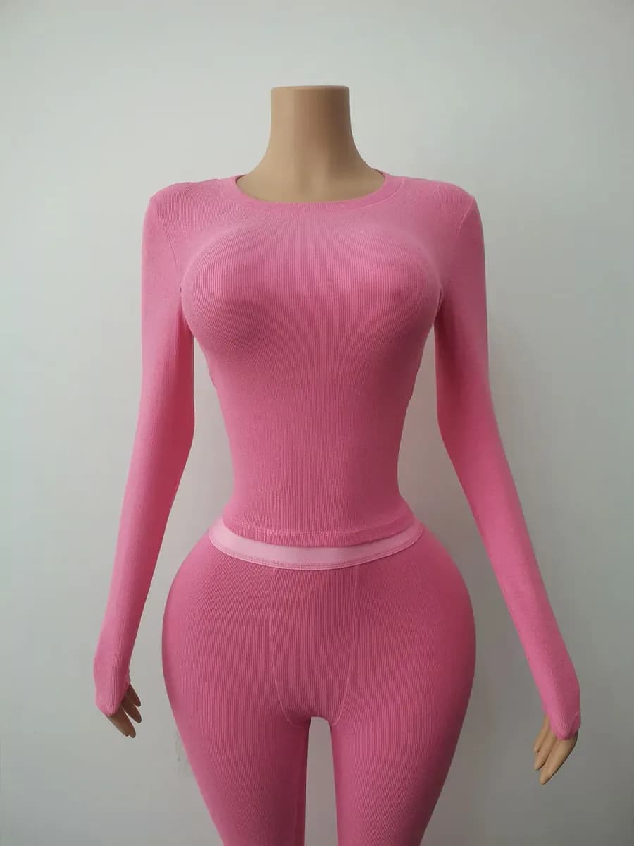 pink ribbed cotton loungewear set with long sleeve crew neck top and leggings