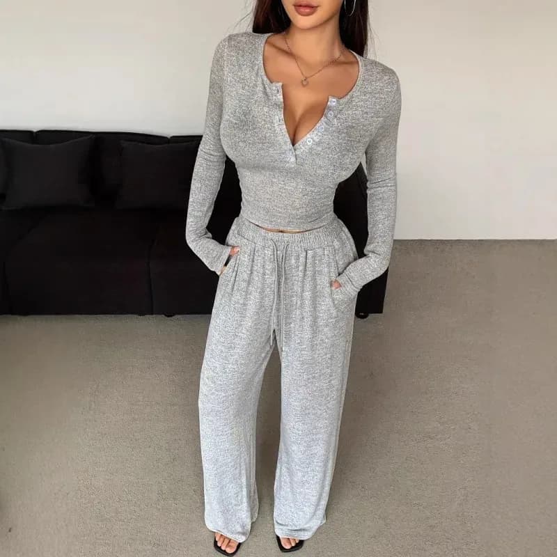heather grey cropped henley top and wide leg pants lounge set